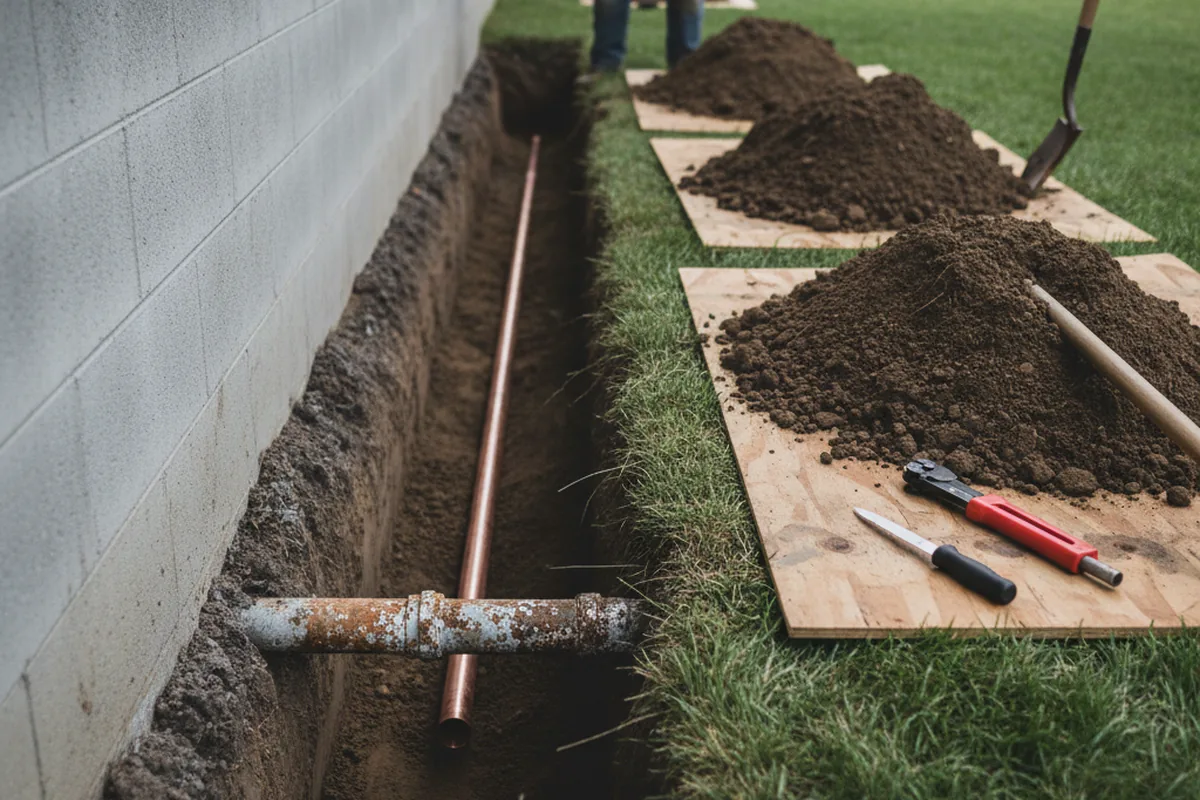 Excavated water line trench during Water Softener Installation in Murray